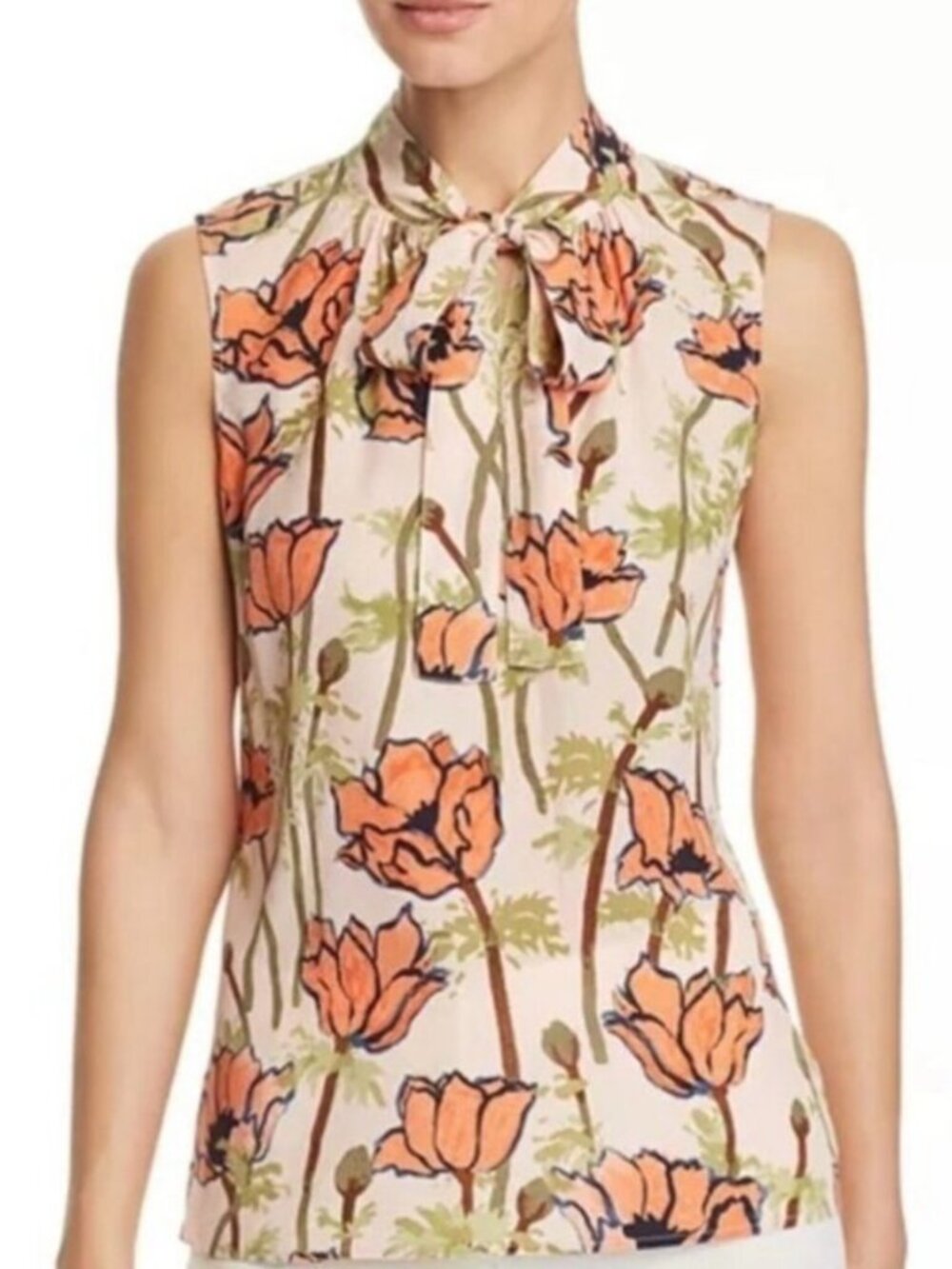 Floral Sleeveless Top with Tie Neck